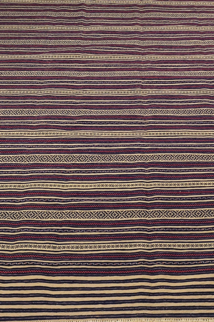 One-of-a-kind aubergine and wheat striped Afghan kilim