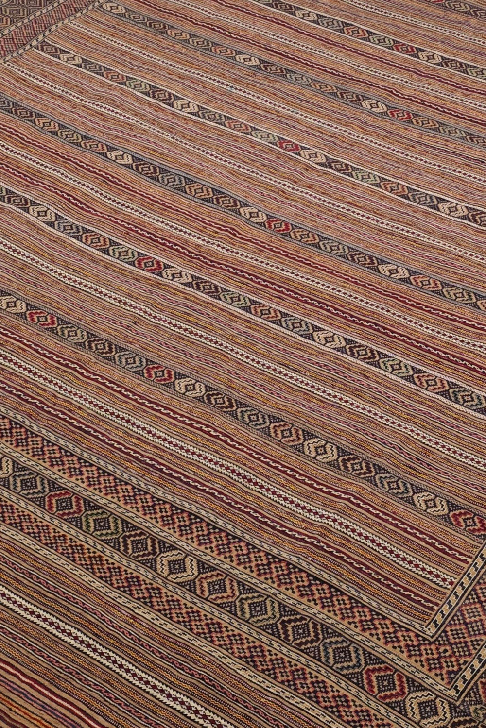 Banded detail in taupe and cream on Afghan kilim