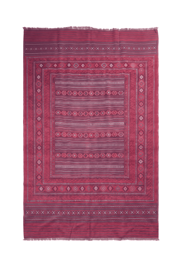 Magenta and rose banded kilim, 188×270cm, hand-woven wool