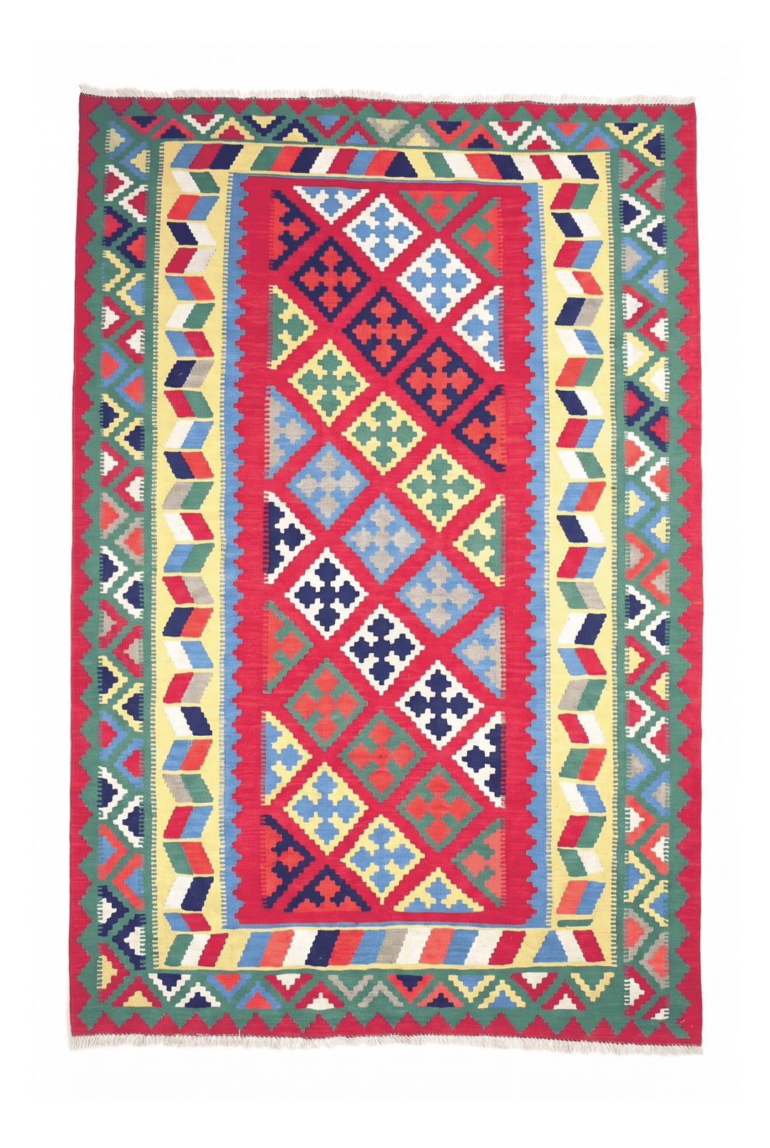 Cerise and green Qashqai medallion kilim, 177×247cm, hand-woven wool