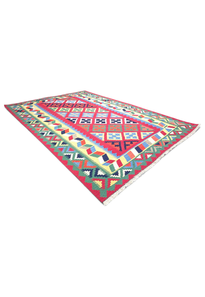One-of-a-kind cerise and green Qashqai Afghan kilim