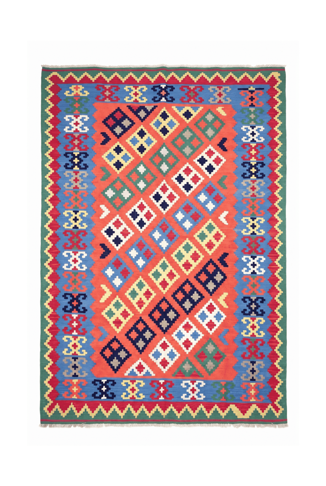 Coral and green Qashqai diamond kilim, 181×252cm, hand-woven wool