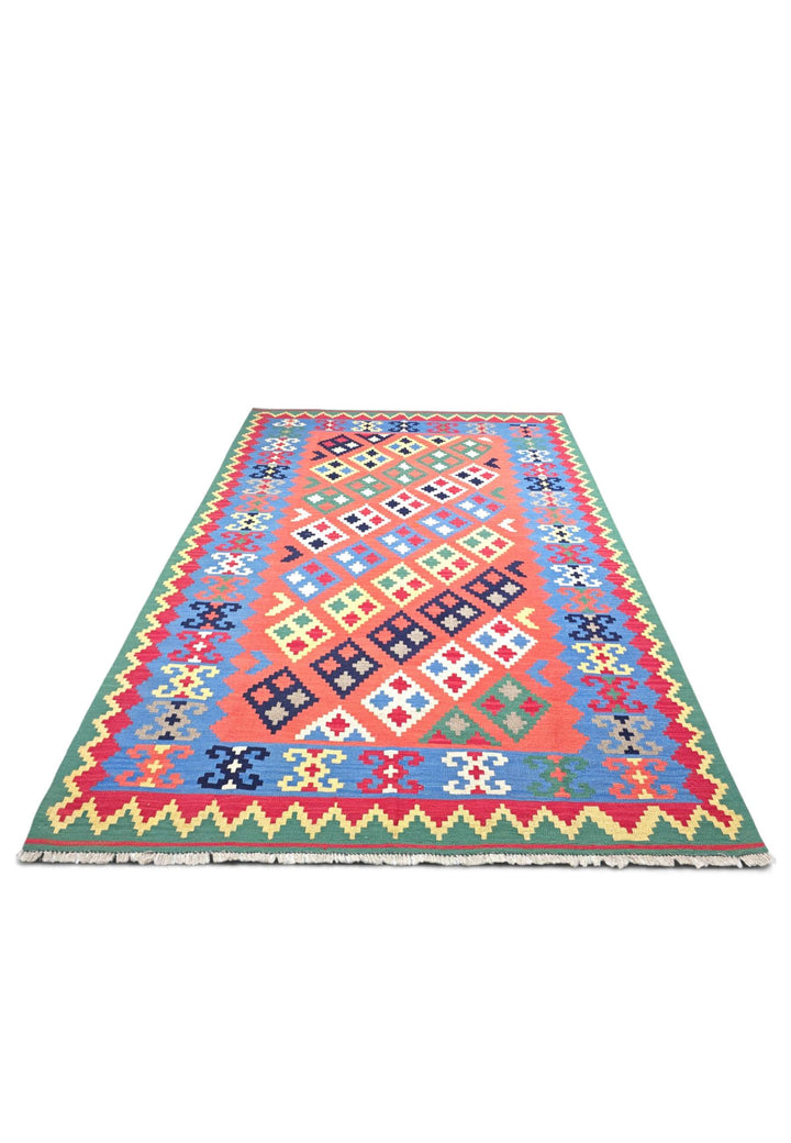 Border detail of coral Qashqai hand-woven kilim