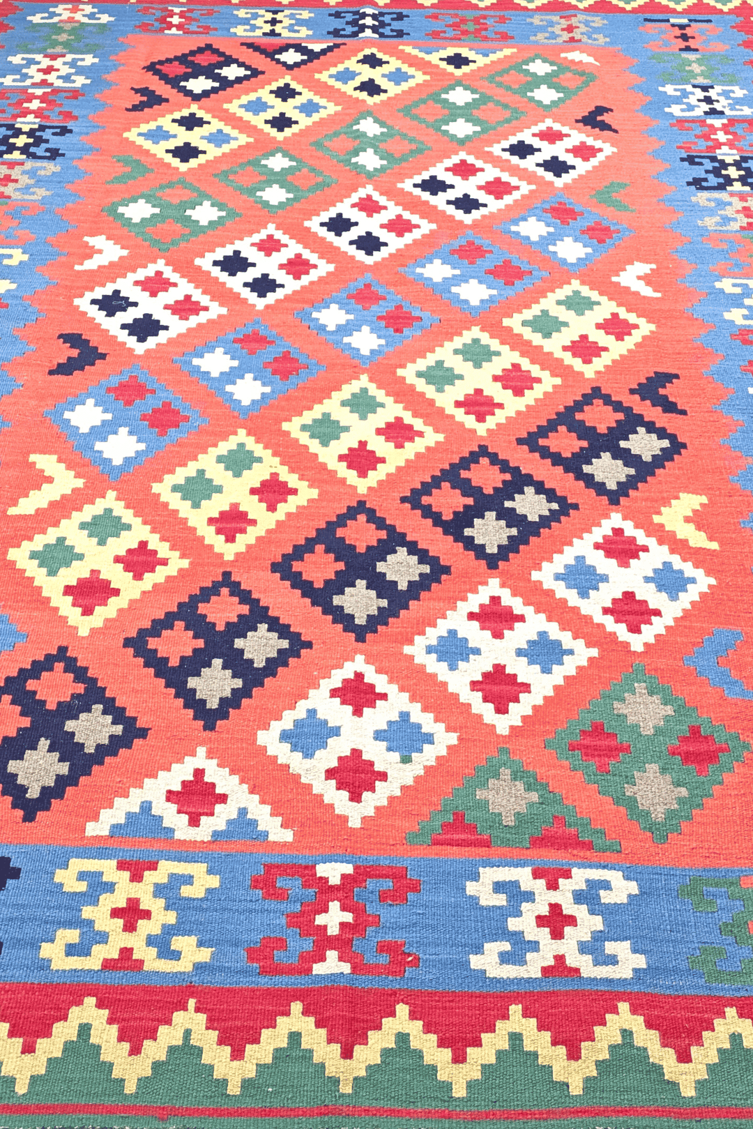 One-of-a-kind coral and green Qashqai Afghan kilim
