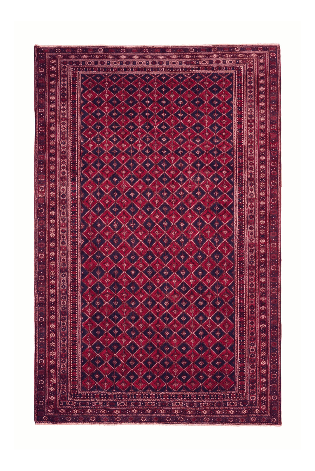 Crimson and navy diamond lattice kilim, 200×260cm, hand-woven wool