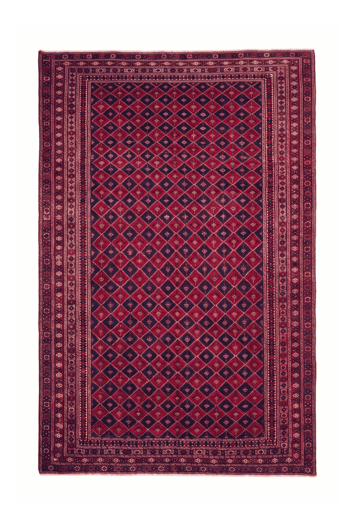 Crimson and navy diamond lattice kilim, 200×260cm, hand-woven wool