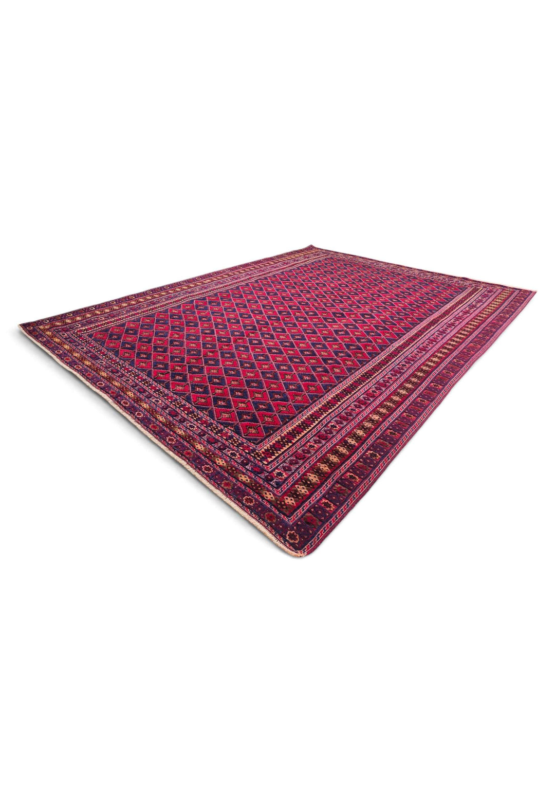 One-of-a-kind crimson and navy diamond lattice Afghan kilim