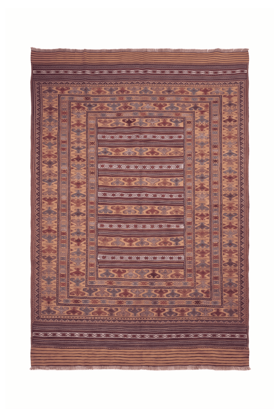 Apricot camel and indigo banded kilim, 190×287cm, hand-woven wool