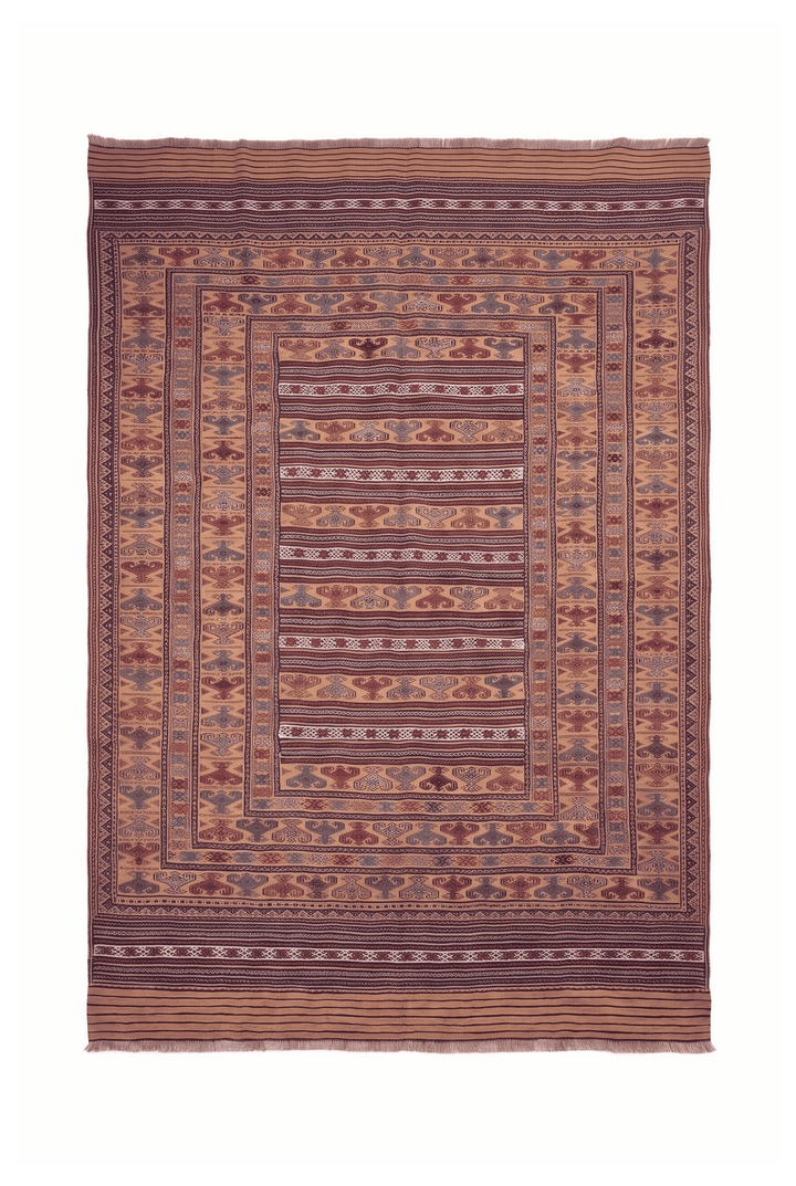 Apricot camel and indigo banded kilim, 190×287cm, hand-woven wool