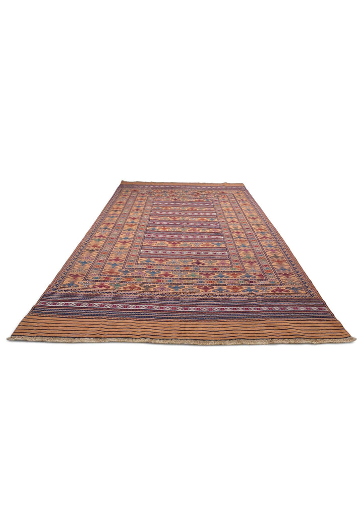 Flat weave texture of apricot indigo kilim, 190×287cm