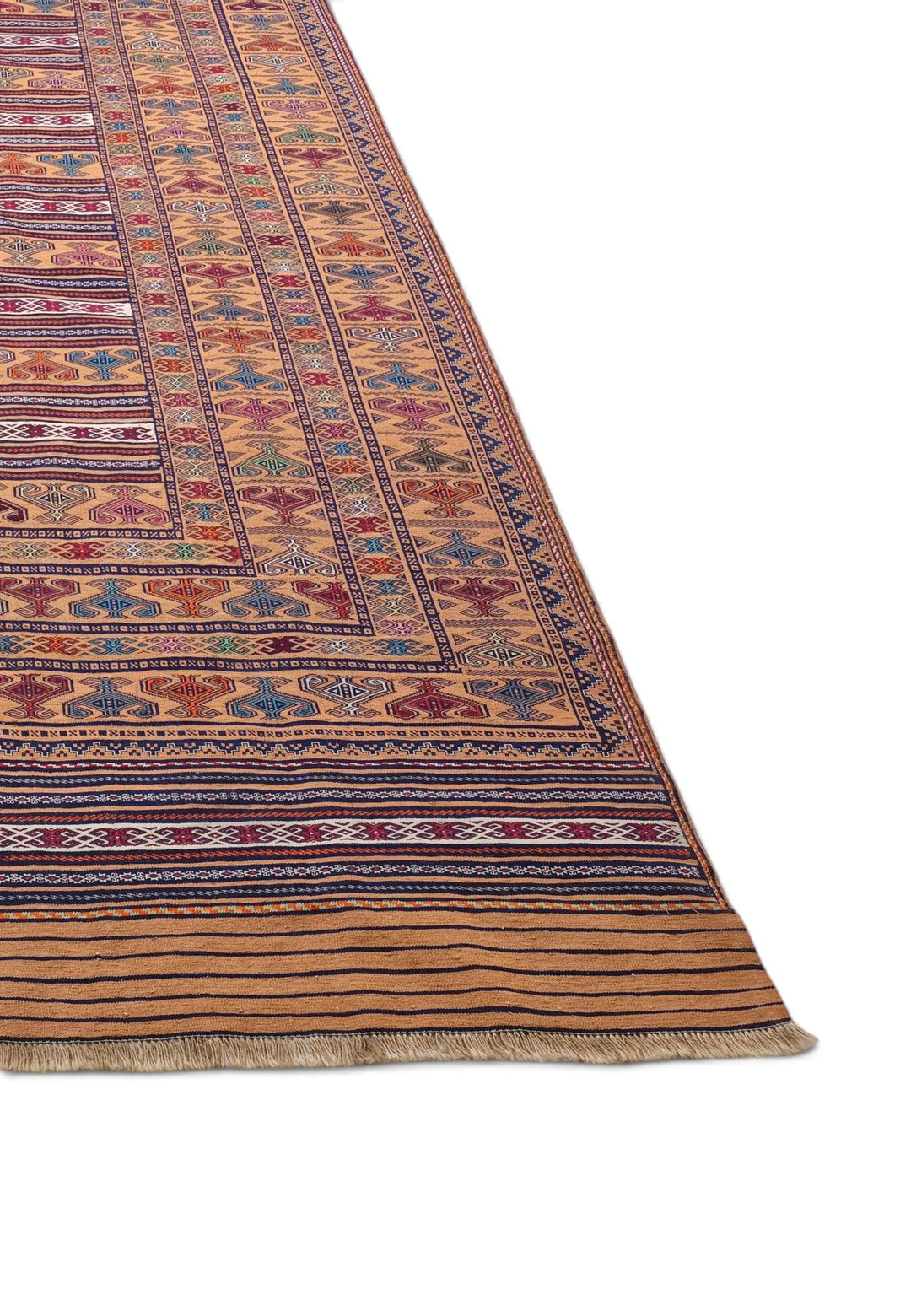 One-of-a-kind apricot camel and indigo Afghan kilim
