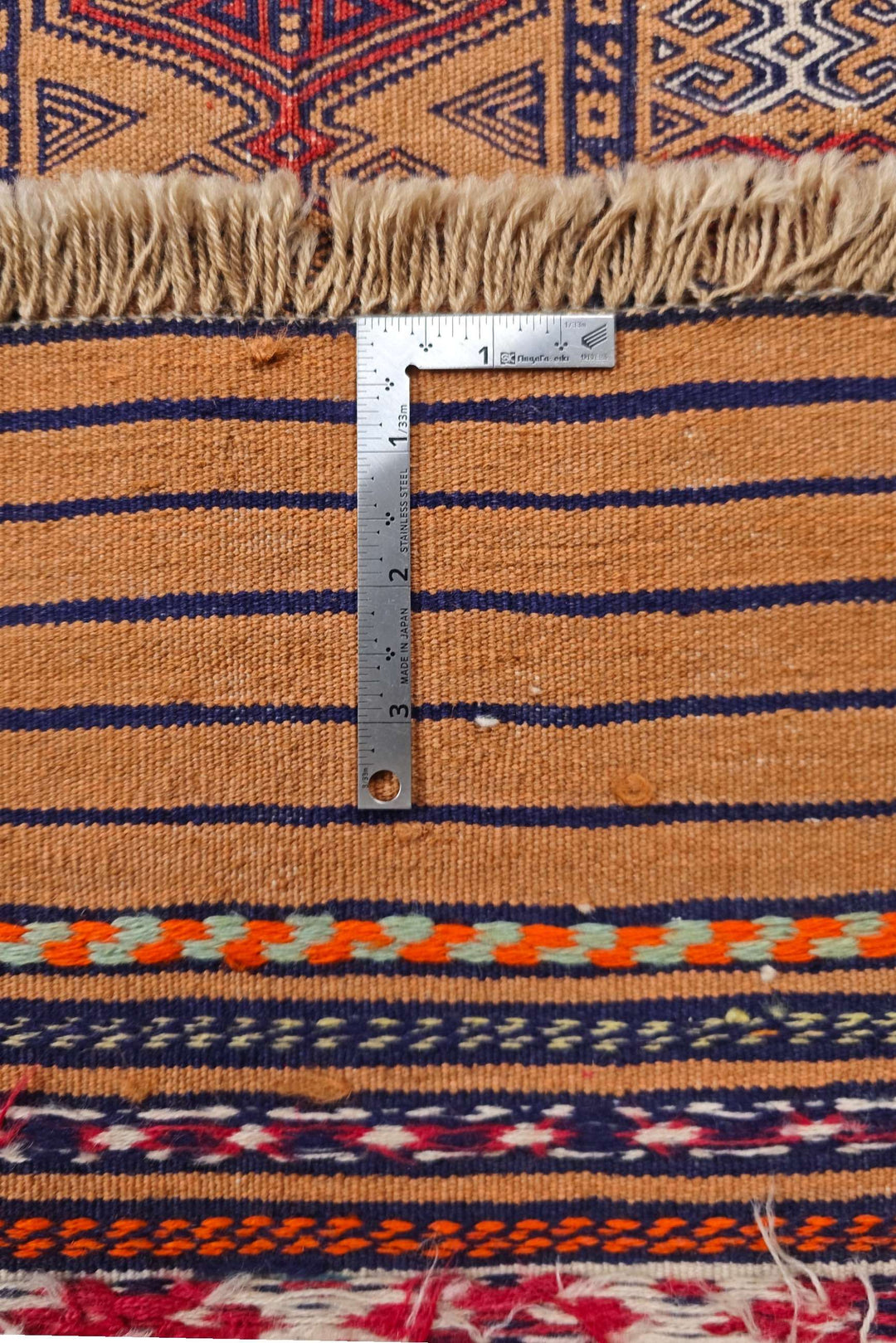 Reversible flat-weave apricot indigo kilim, hand-woven