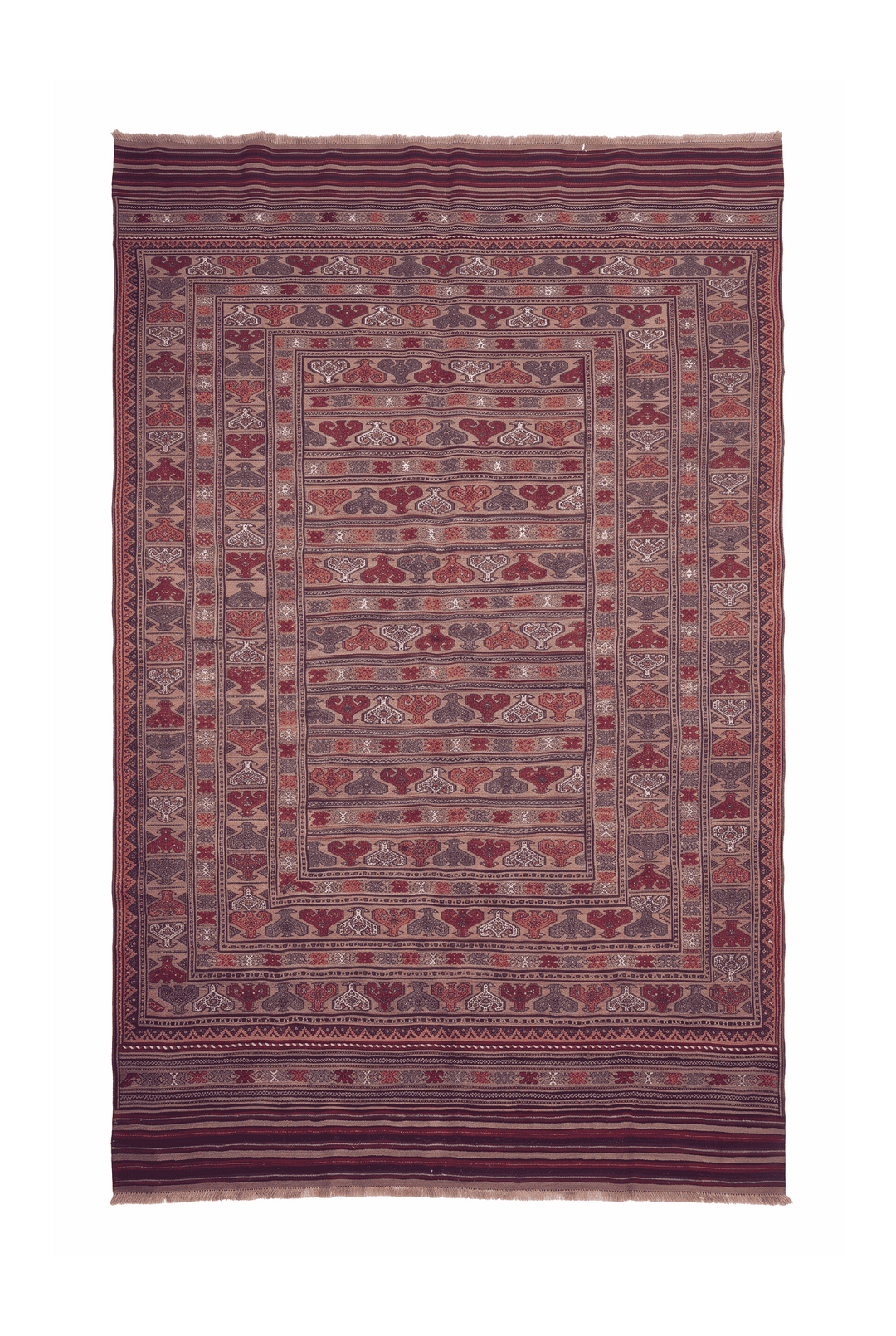 Camel and burgundy banded kilim, 192×301cm, hand-woven wool