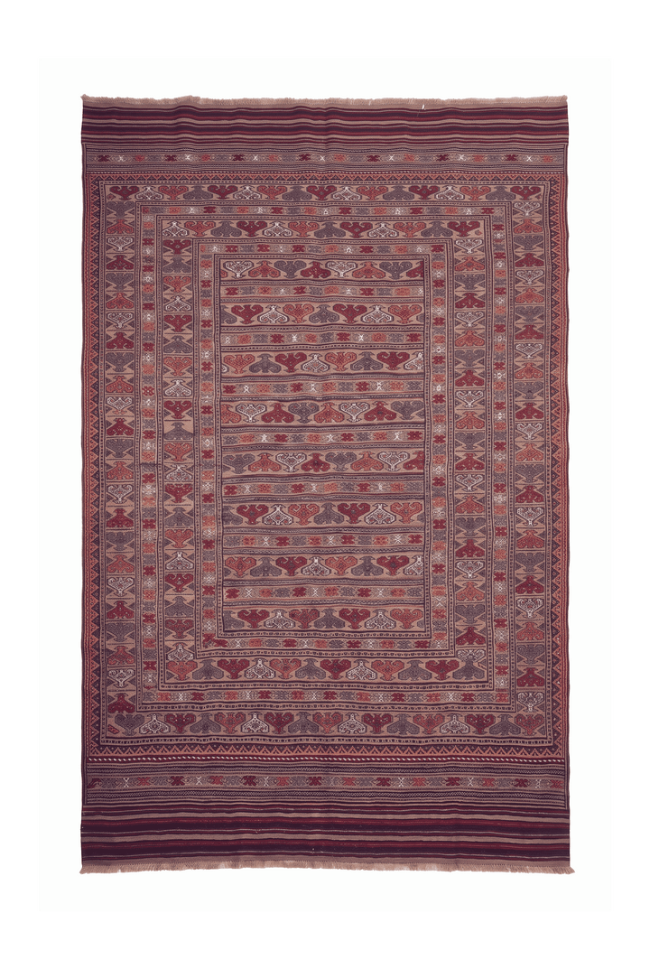 Camel and burgundy banded kilim, 192×301cm, hand-woven wool