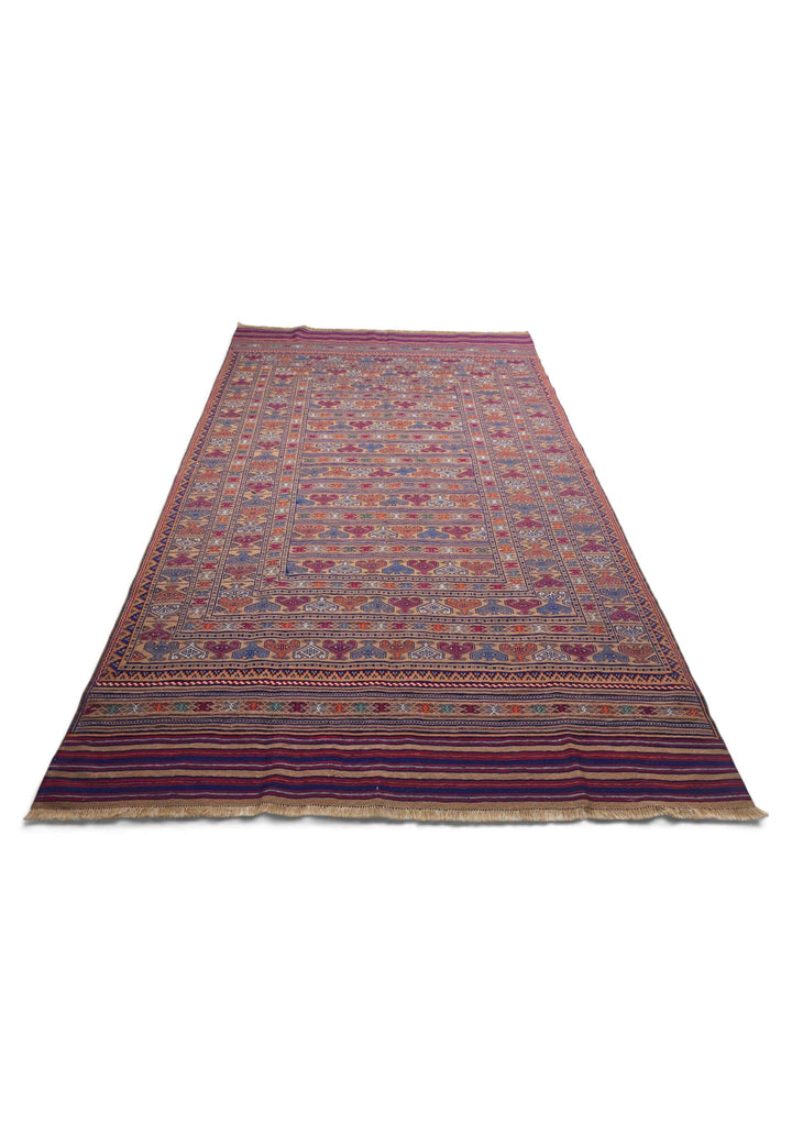 Border detail of camel burgundy hand-woven kilim