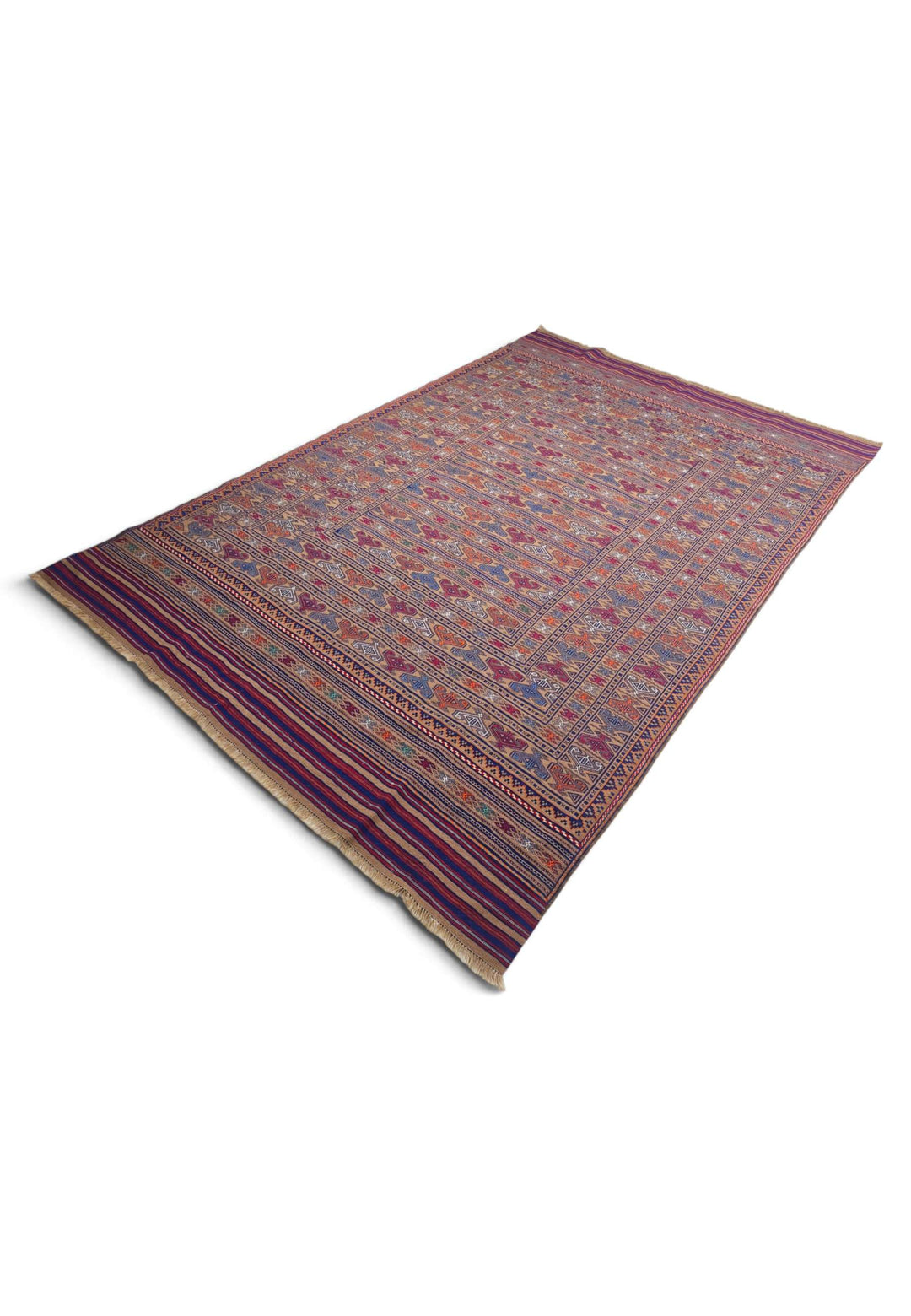 Camel and burgundy banded kilim for a living room, 4.5 tatami