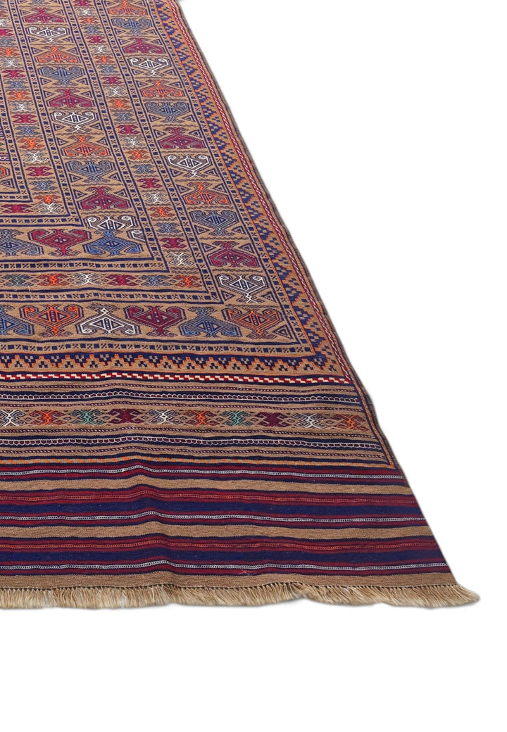 One-of-a-kind camel and burgundy banded Afghan kilim