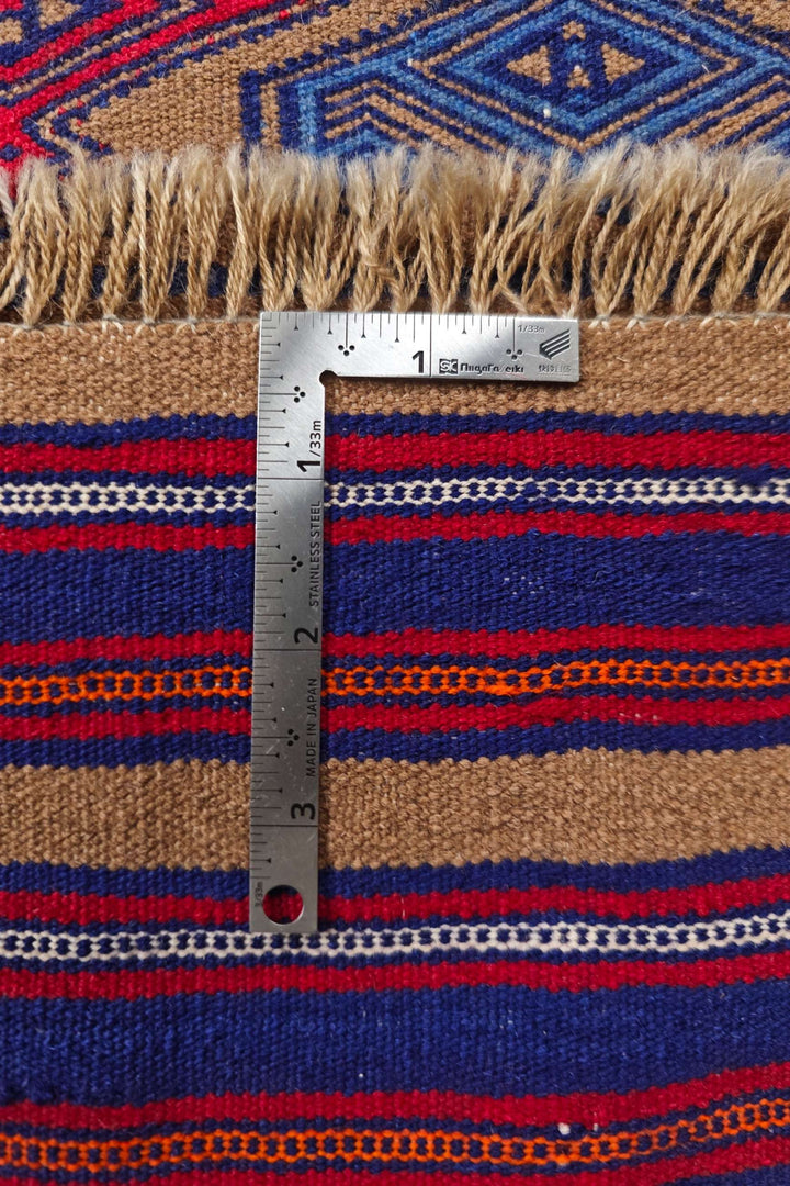 Reversible flat-weave camel banded kilim, hand-woven