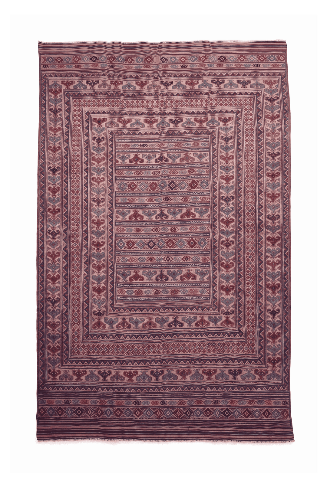 Blush apricot and navy banded kilim, 197×300cm, hand-woven wool