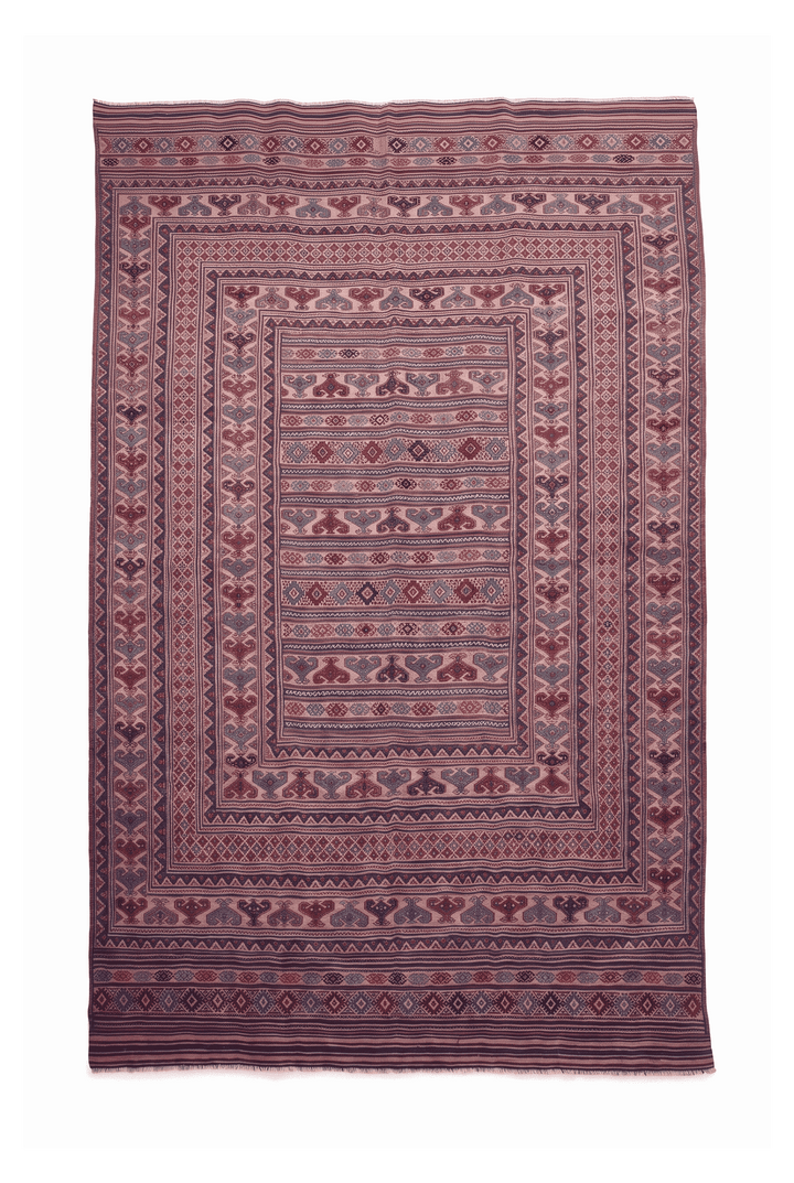 Blush apricot and navy banded kilim, 197×300cm, hand-woven wool