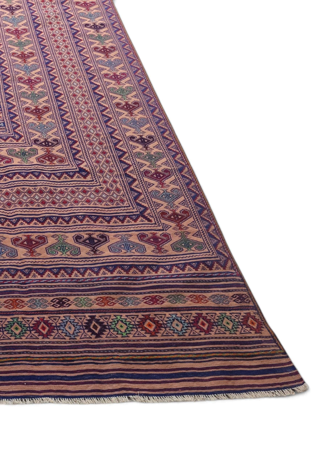 One-of-a-kind blush apricot and navy Afghan kilim