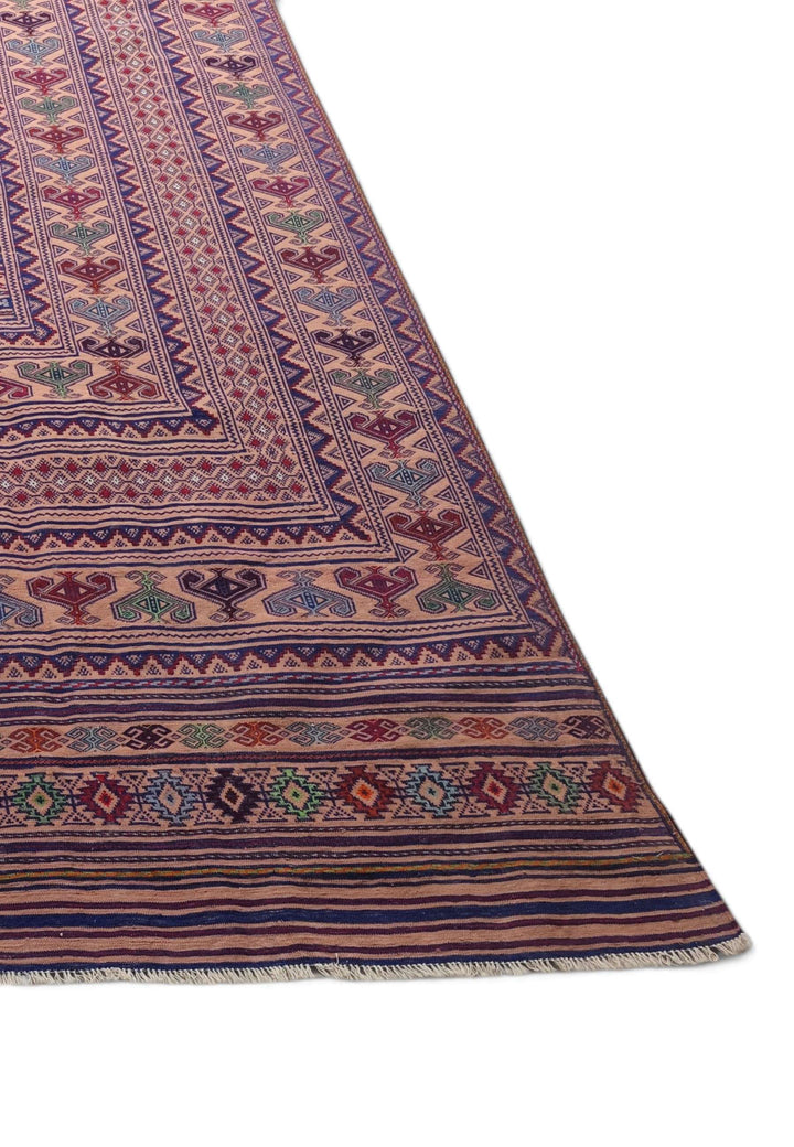 One-of-a-kind blush apricot and navy Afghan kilim