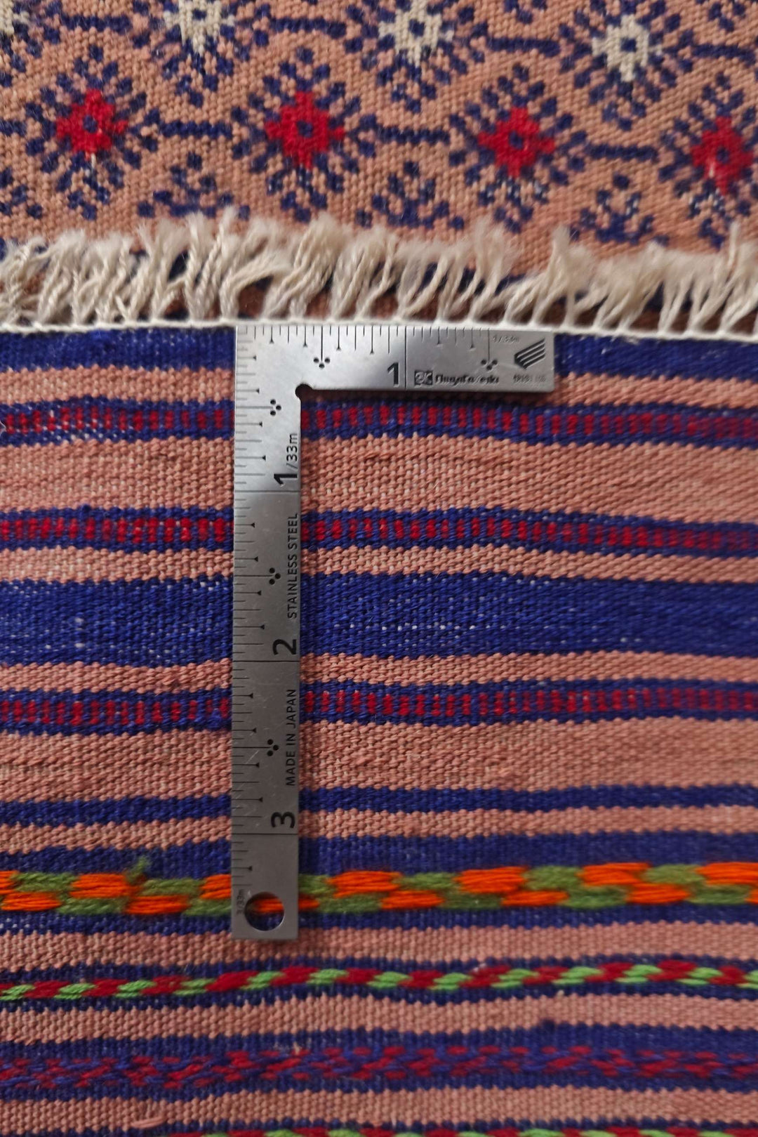 Reversible flat-weave blush navy kilim, hand-woven