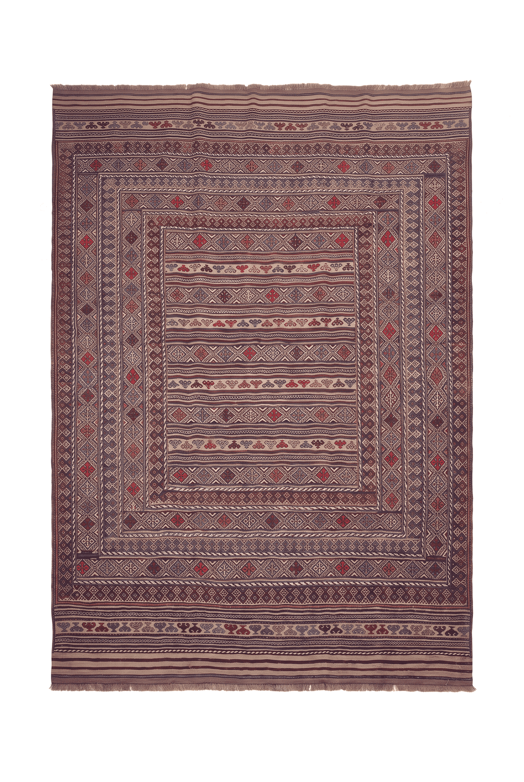 Camel and indigo banded kilim, 199×259cm, hand-woven wool