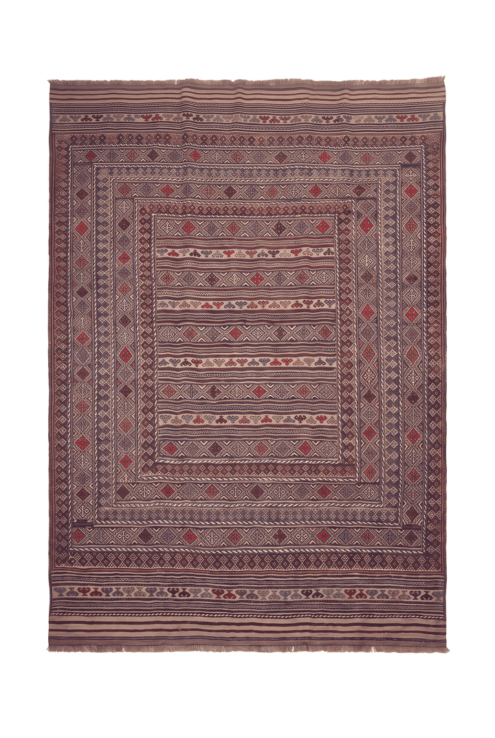 Camel and indigo banded kilim, 199×259cm, hand-woven wool