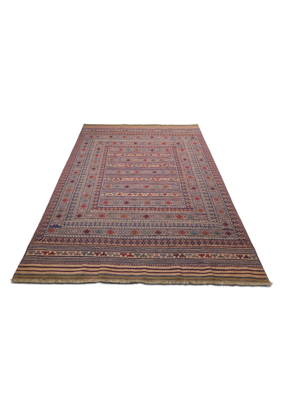 Border detail of camel indigo hand-woven kilim