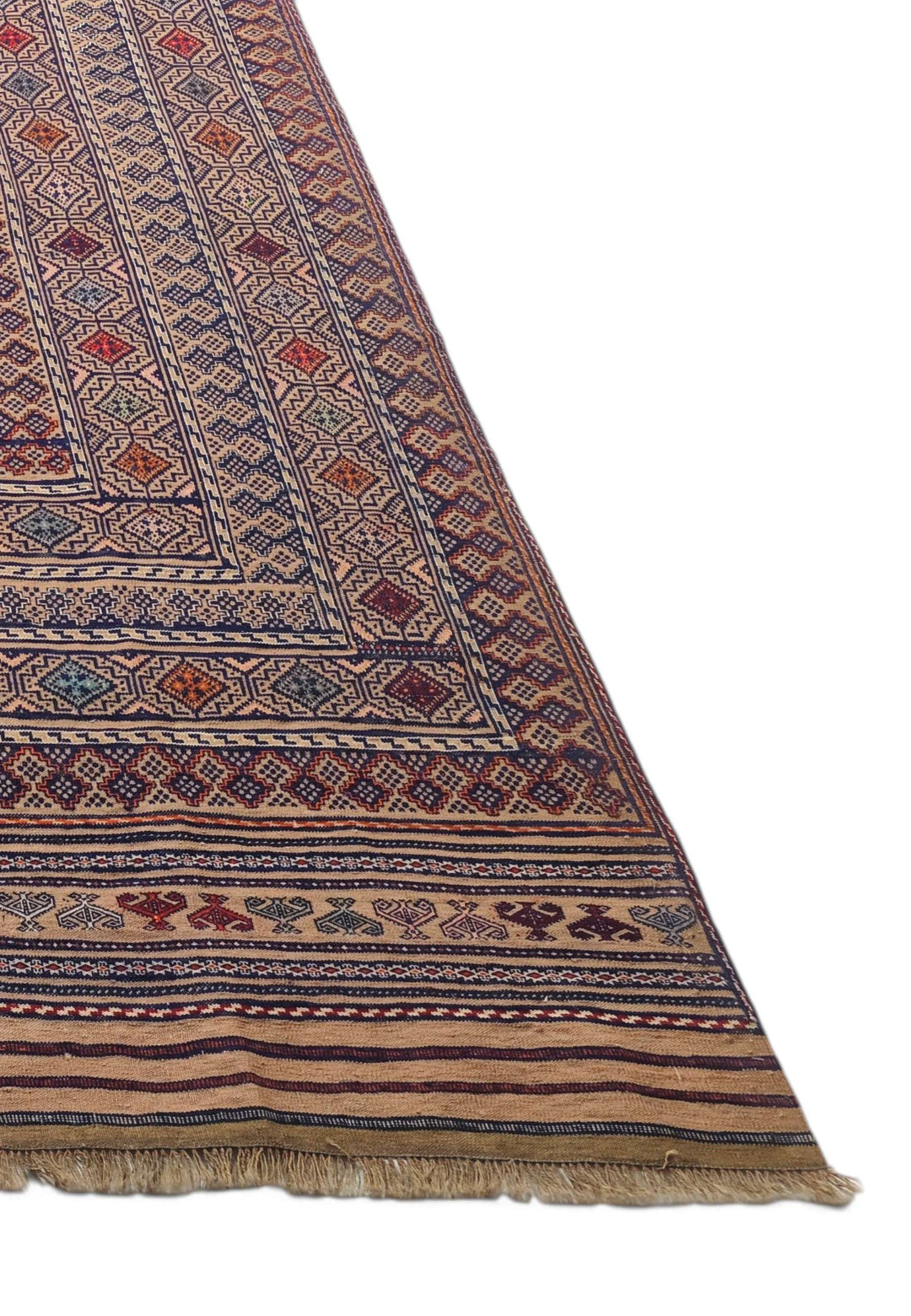 One-of-a-kind camel and indigo banded Afghan kilim