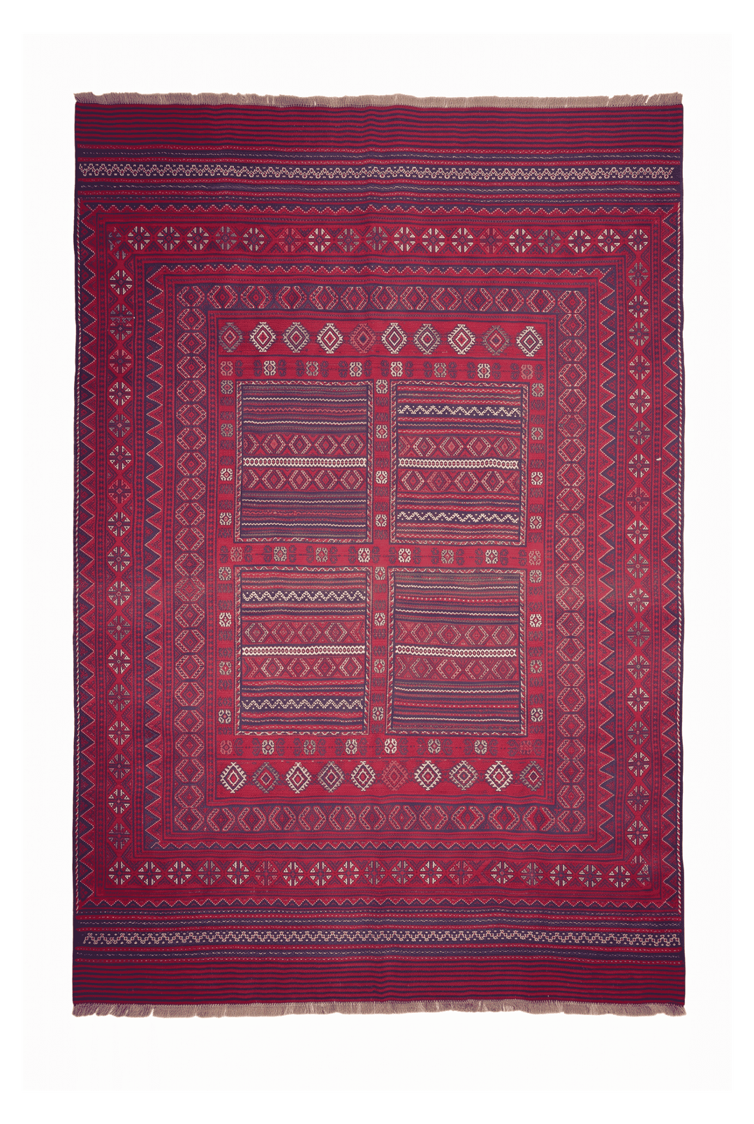 Rose red and navy four-panel kilim, 194×266cm, hand-woven wool
