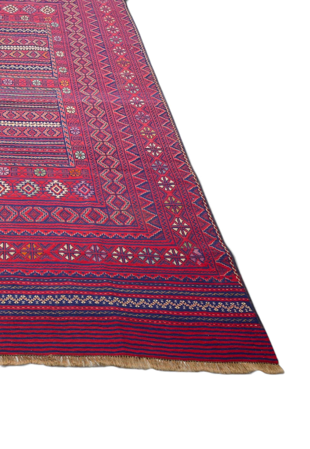 One-of-a-kind rose red and navy four-panel Afghan kilim