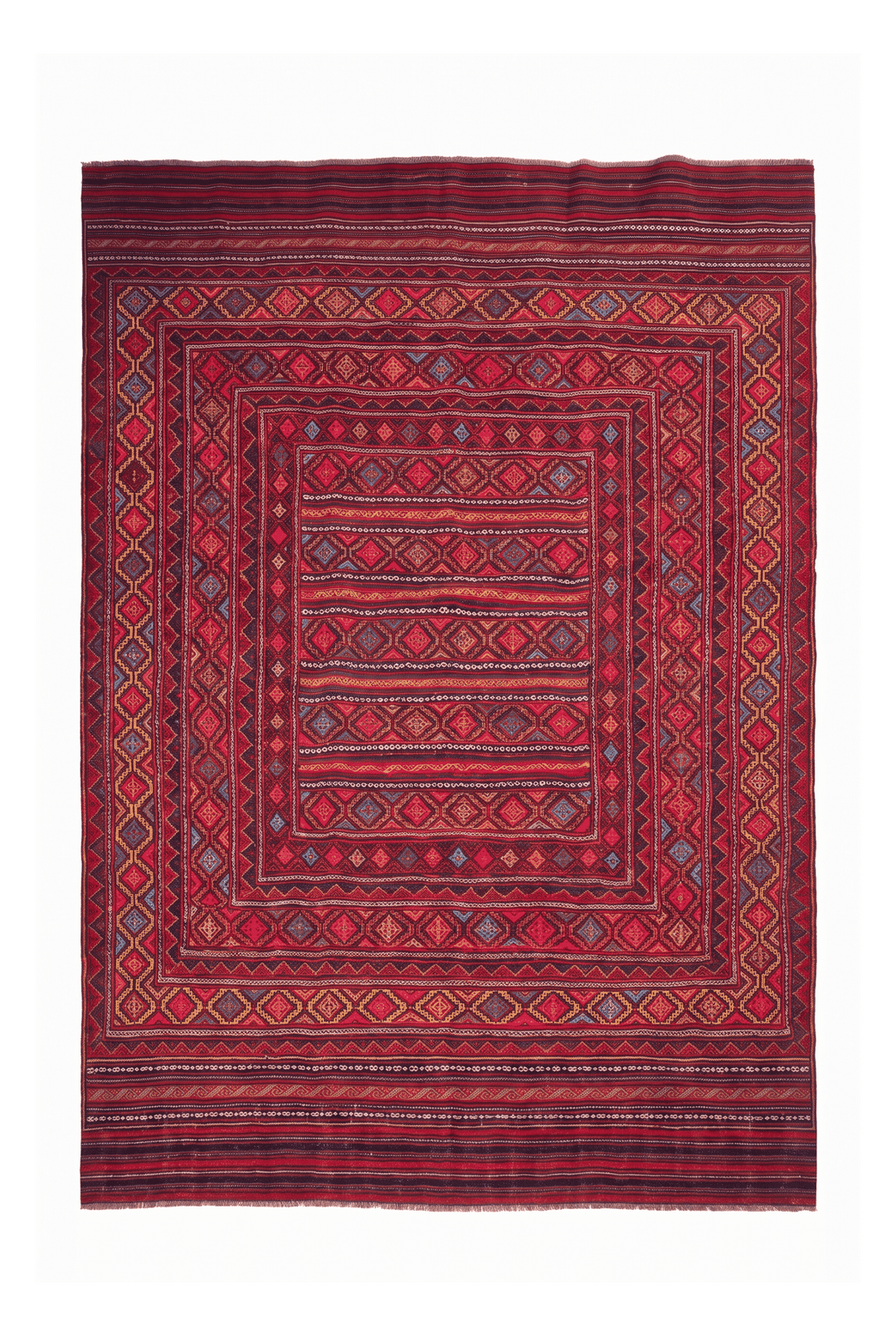 Rose red and gold banded kilim, 195×254cm, hand-woven wool