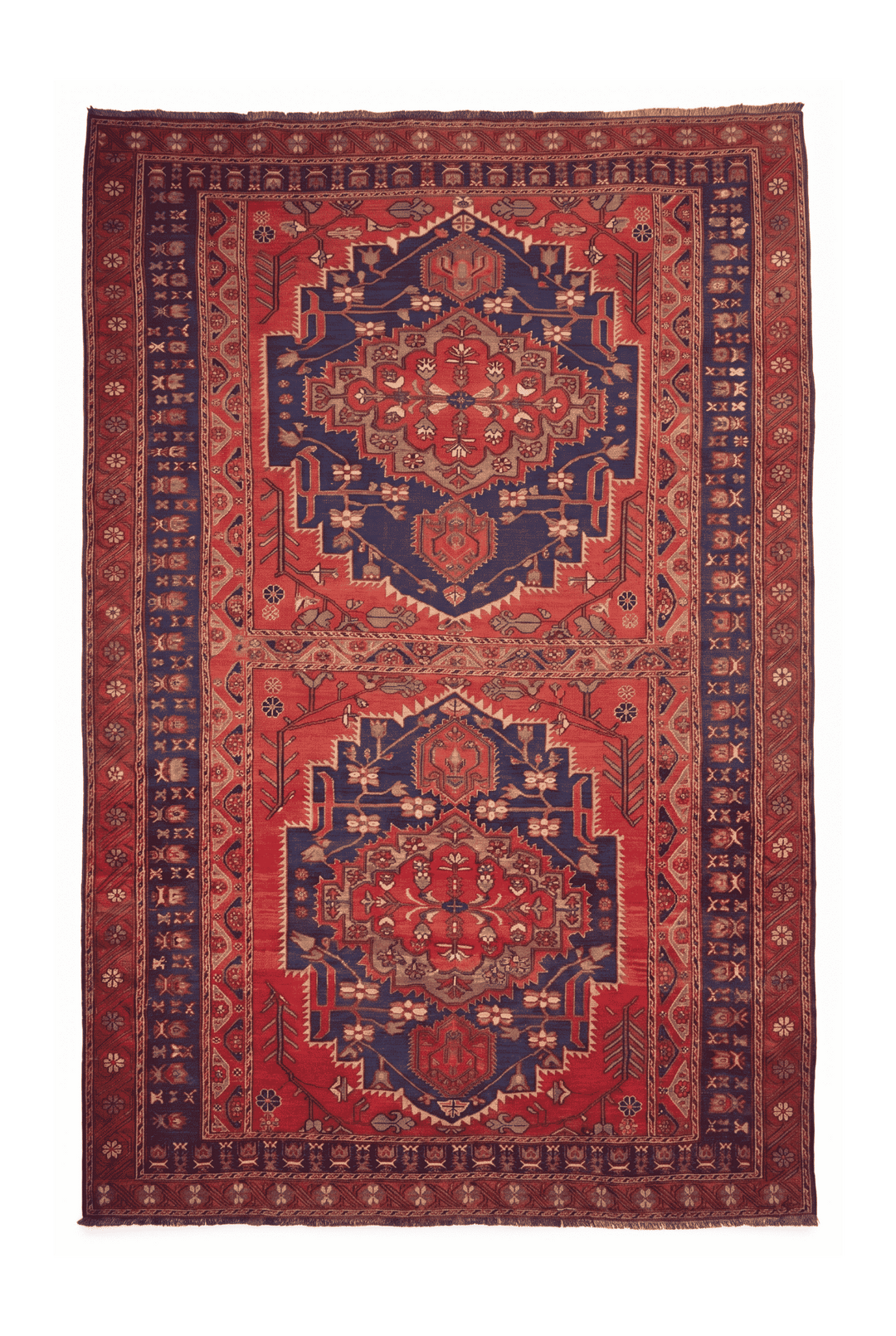 Red and navy twin medallion kilim, 199×286cm, hand-woven wool