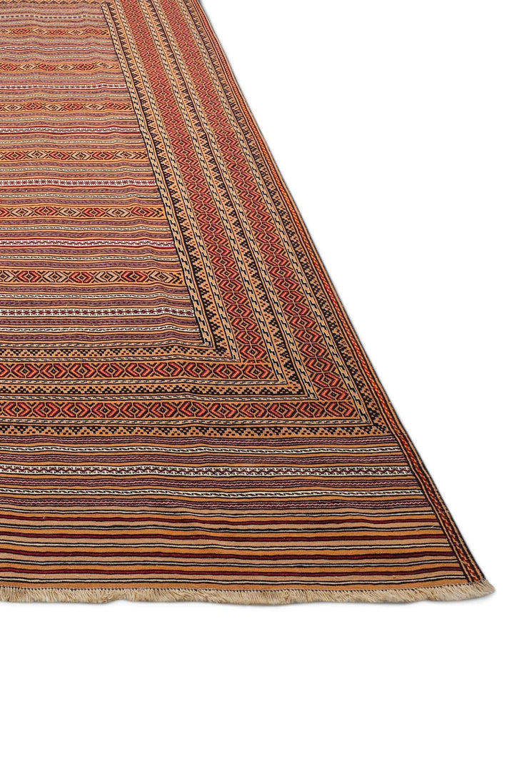 One-of-a-kind terracotta and apricot banded Afghan kilim