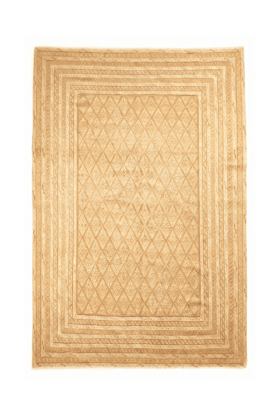 Pale gold and cream diamond lattice kilim, 206×269cm, hand-woven