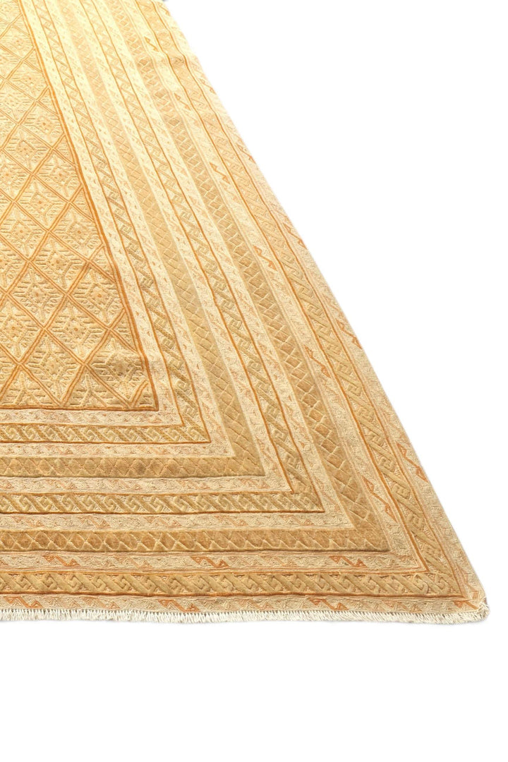 One-of-a-kind pale gold and cream lattice Afghan kilim