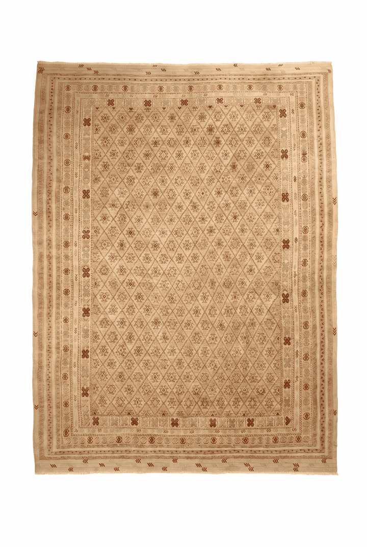 Wheat gold and cream diamond lattice kilim, 207×285cm, hand-woven