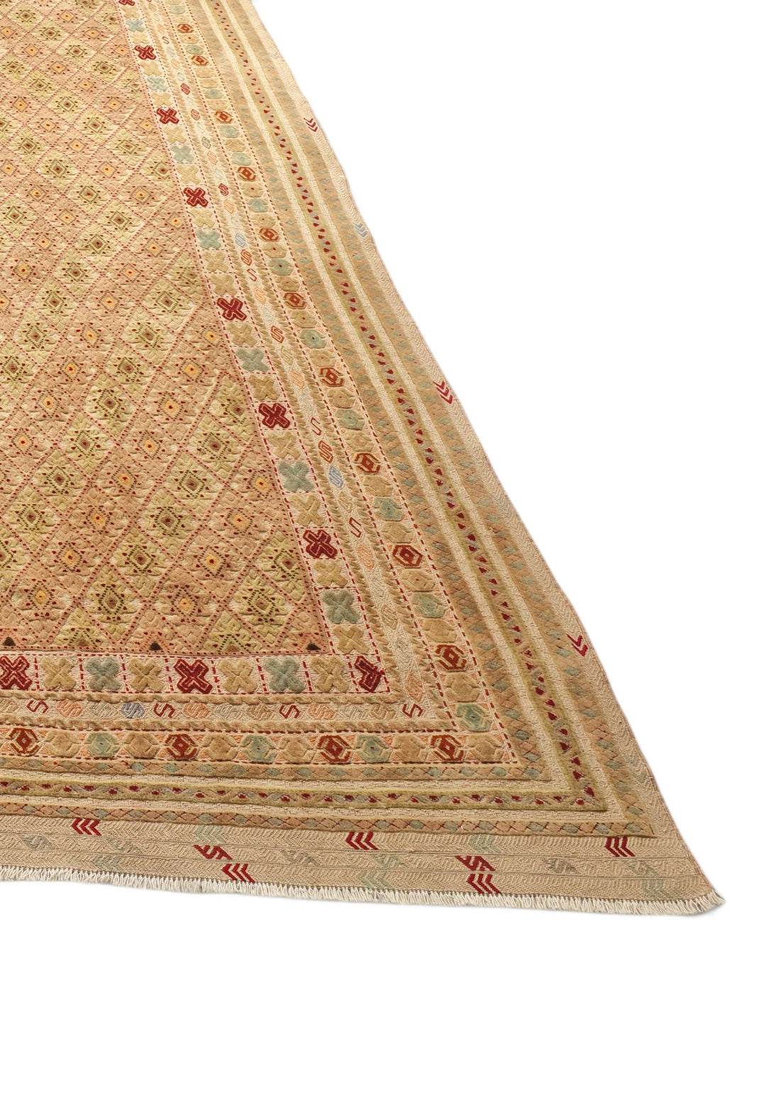 One-of-a-kind wheat gold and cream lattice Afghan kilim