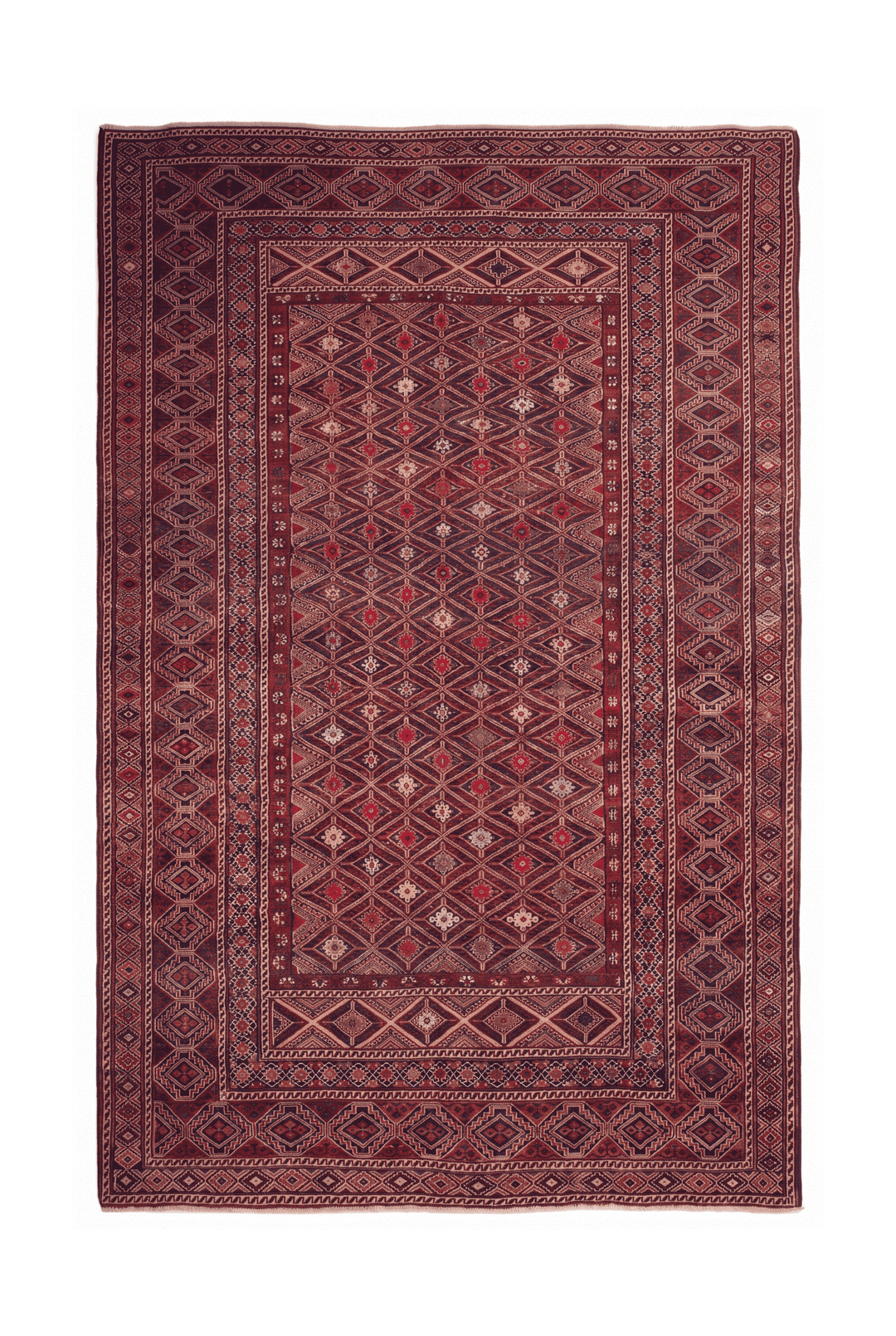 Red and ivory diamond lattice kilim, 199×274cm, hand-woven wool