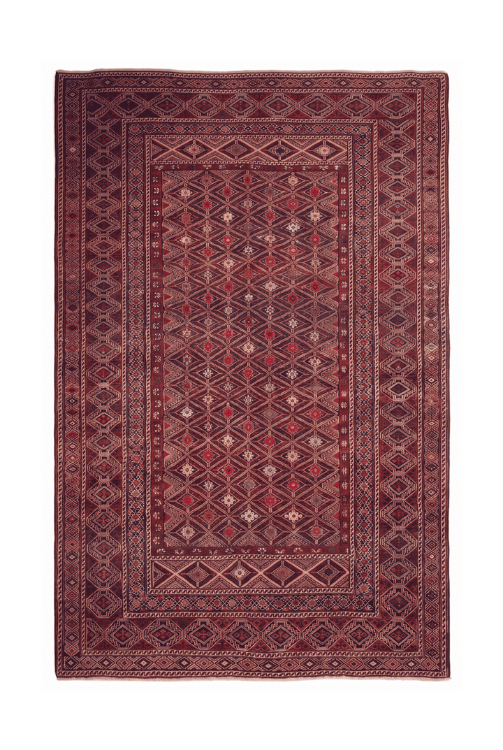 Red and ivory diamond lattice kilim, 199×274cm, hand-woven wool