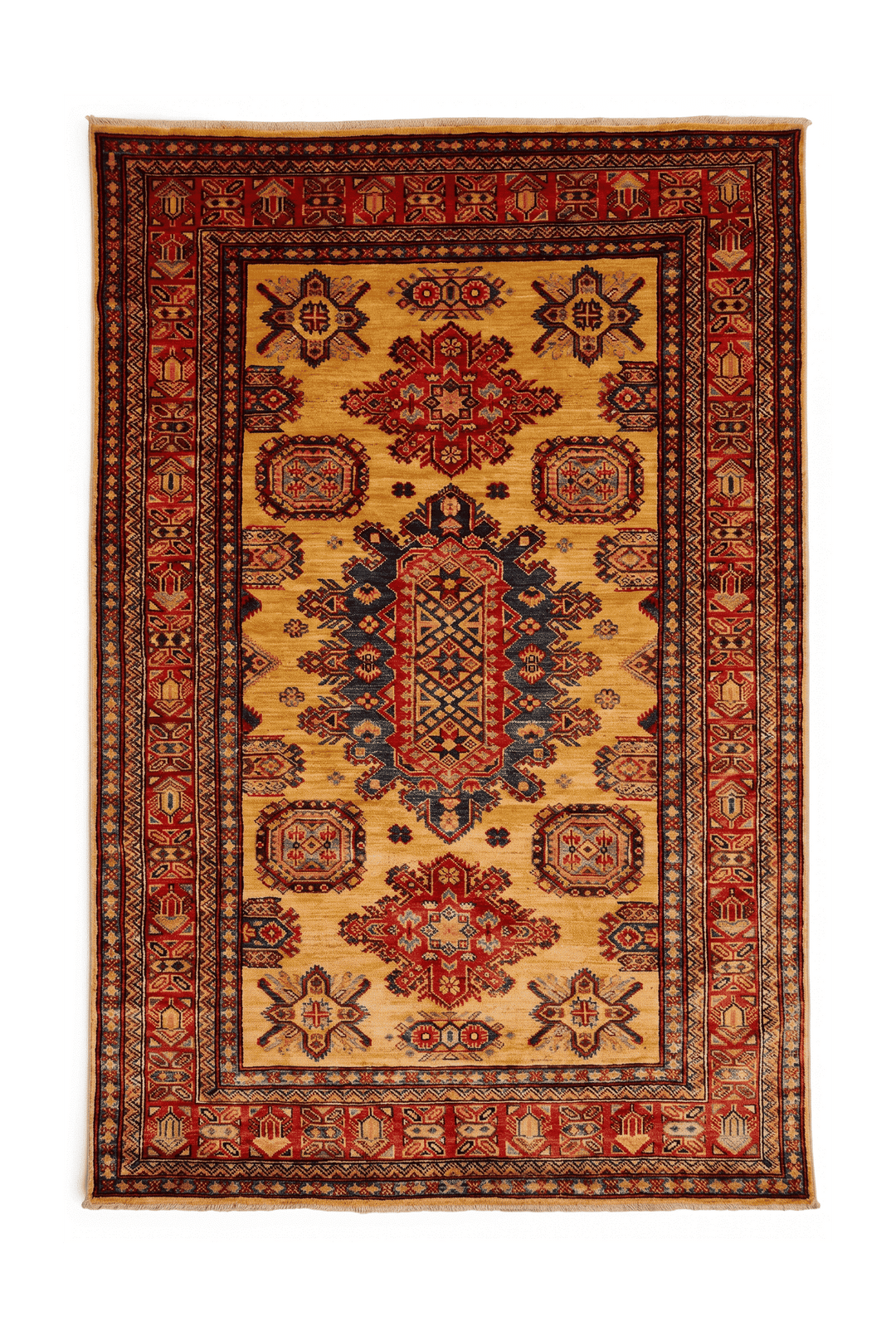 Gold and navy tribal medallion Afghan Sherwan rug, 120×180cm, 1.5 tatami