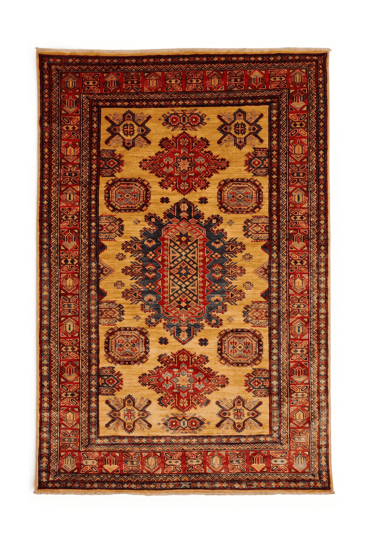 Gold and navy tribal medallion Afghan Sherwan rug, 120×180cm, 1.5 tatami