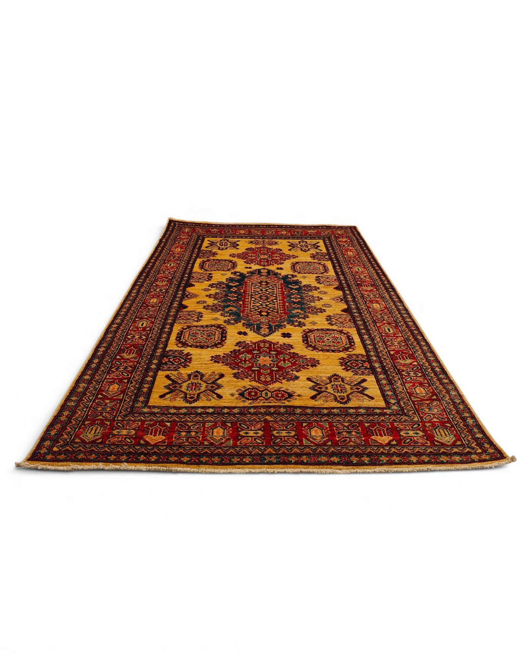 Hand-knotted wool pile of gold navy tribal rug, 120×180cm