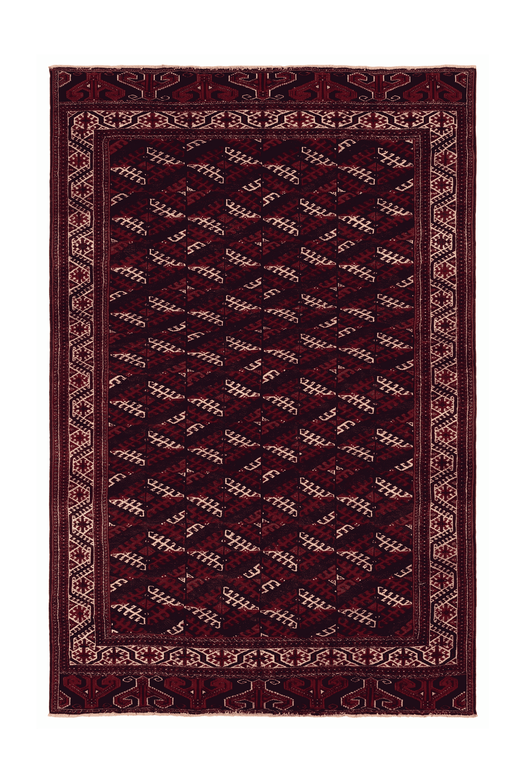 Aubergine and ivory Turkmen panel Afghan rug, 213×350cm, about 4.5 tatami
