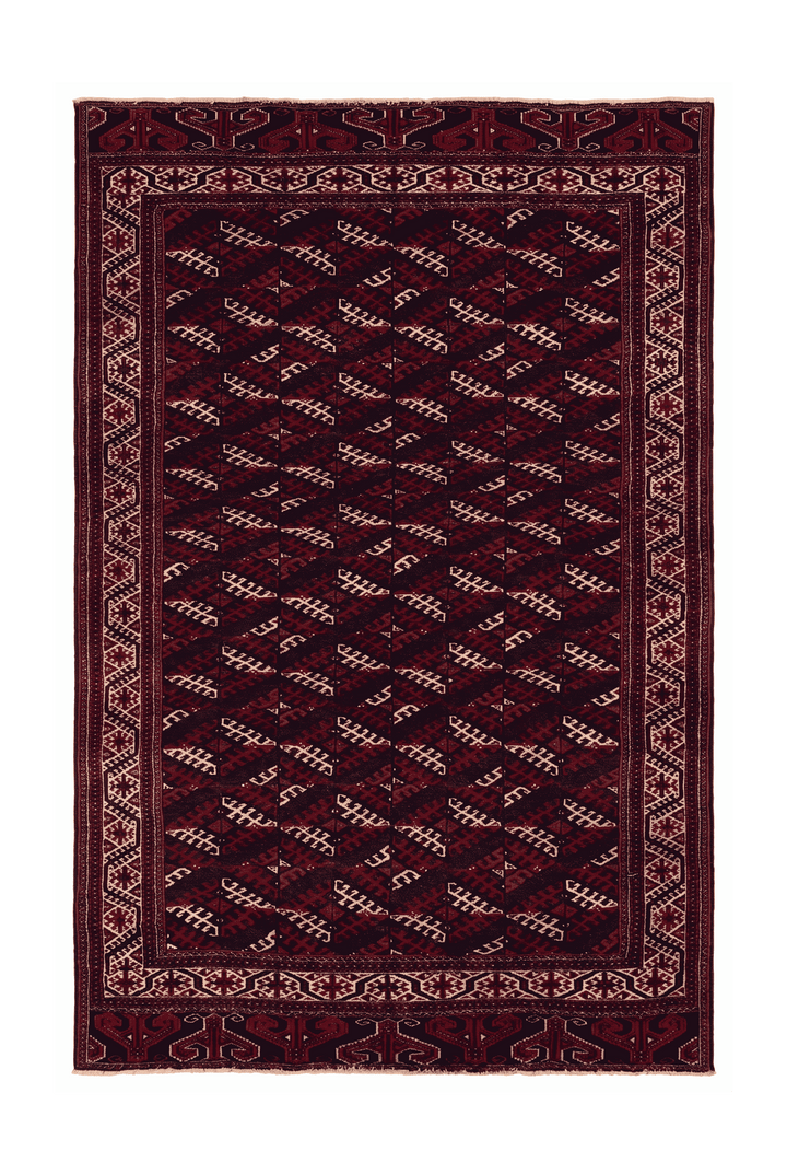 Aubergine and ivory Turkmen panel Afghan rug, 213×350cm, about 4.5 tatami