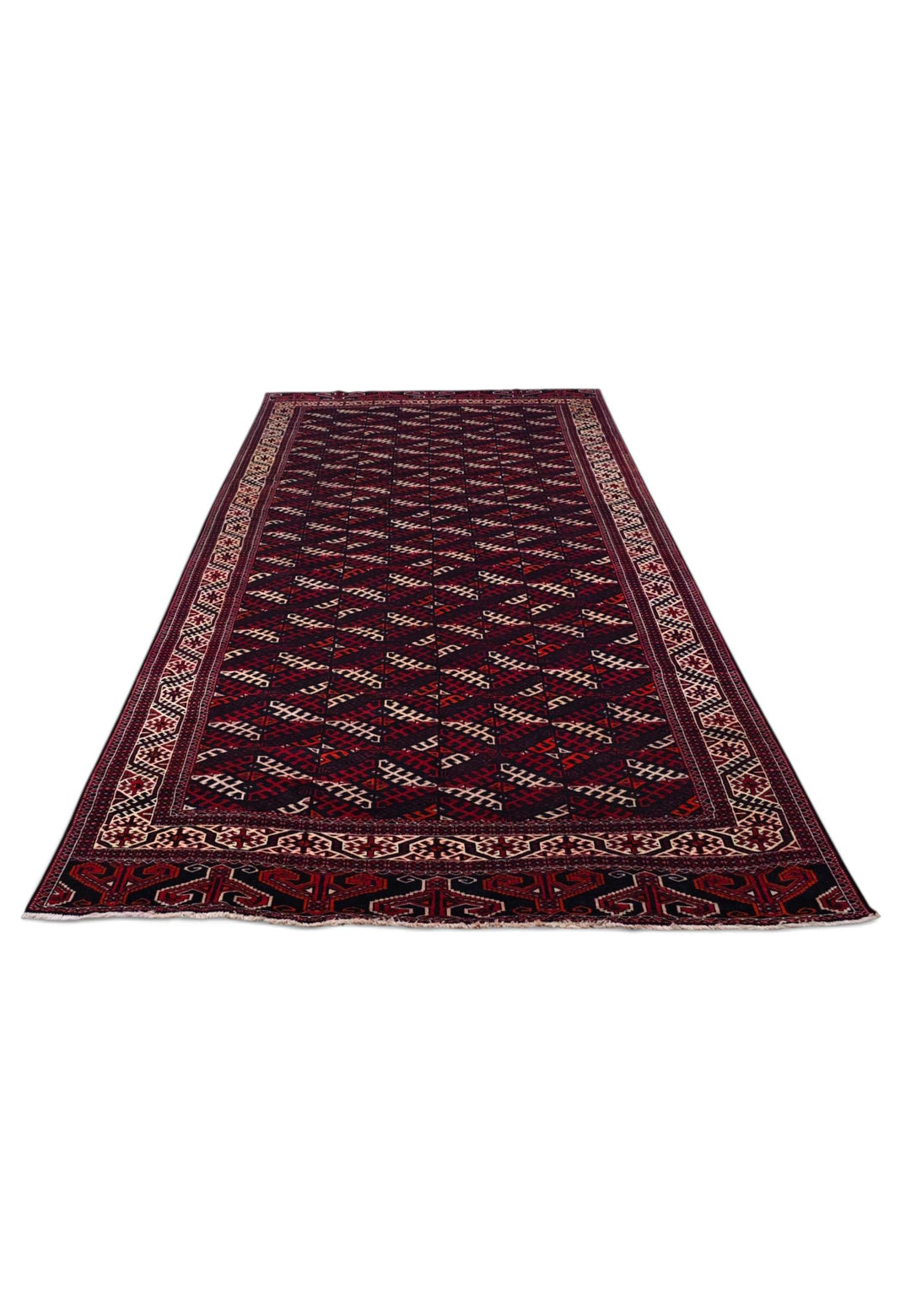 Border detail of aubergine and ivory hand-knotted Afghan rug