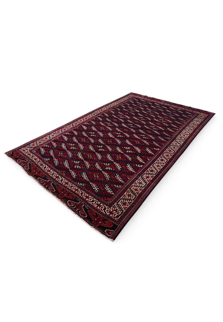 Hand-knotted wool pile of aubergine Turkmen panel rug, 213×350cm