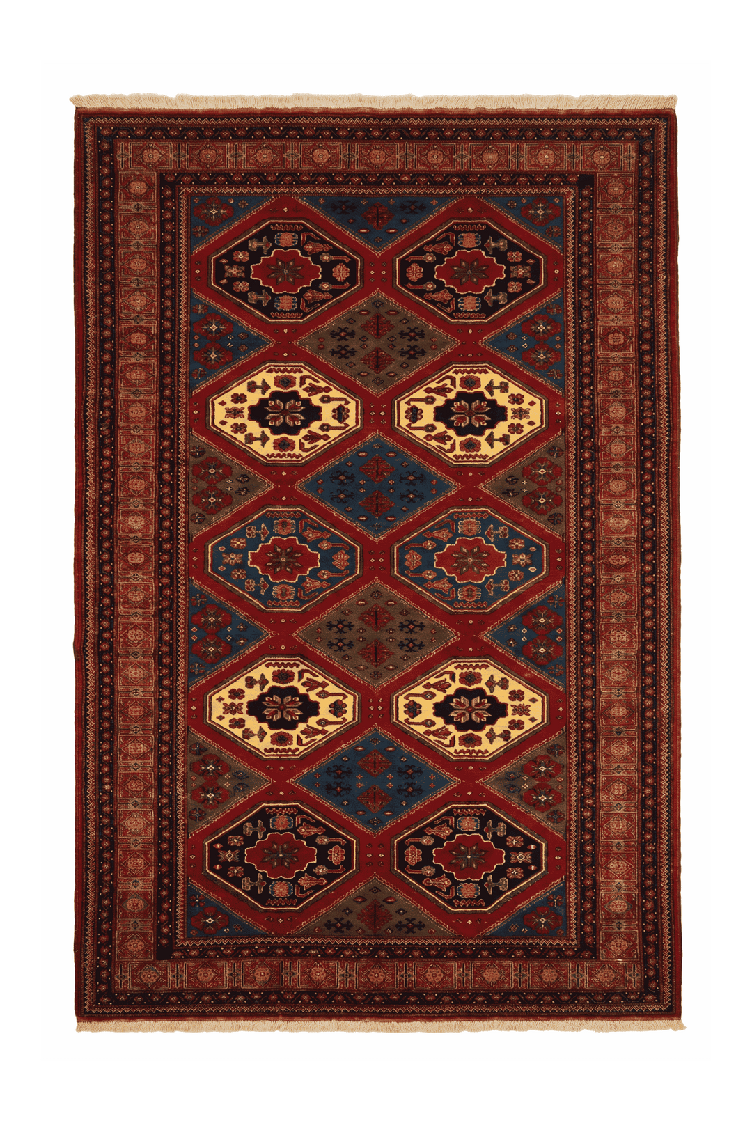 Burgundy and gold compartment Afghan Sherwan rug, 210×301cm, 4.5 tatami